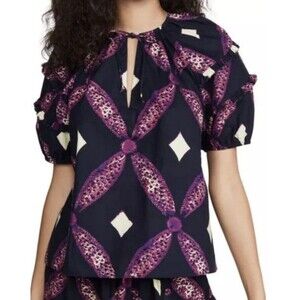 Ulla Johnson Arusi Cotton Poplin Top Size 10 Diamonds Puff Sleeve Plum Purple